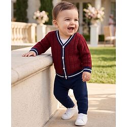 Babyhug Knit Full Sleeves Sweater Set with Cable Knit Design - Maroon