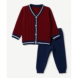 Babyhug Knit Full Sleeves Sweater Set with Cable Knit Design - Maroon