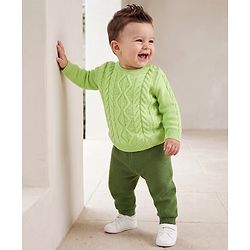 Babyhug Knit Full Sleeves Sweater Set With Cable Knit Design - Green