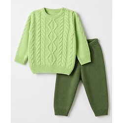 Babyhug Knit Full Sleeves Sweater Set With Cable Knit Design - Green