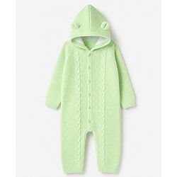 Babyhug Fur Woven Full Sleeves Hooded Winter Wear Romper With Applique - Neon Green