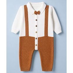 Babyhug Knit Full Sleeves Solid Winter Wear Romper With Bow Applique - White Brown