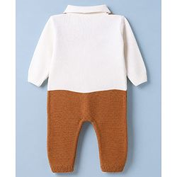 Babyhug Knit Full Sleeves Solid Winter Wear Romper With Bow Applique - White Brown