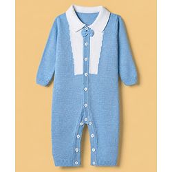 Babyhug Knit Full Sleeves Winter Wear Romper with Bow Applique - Blue