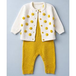 Babyhug Knit Full Sleeves Jacket & Winter Wear Romper With Applique - Yellow