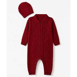 Babyhug Knit Full Sleeves Hooded Winter Wear Romper With Cable Knit Design & Cap -Red