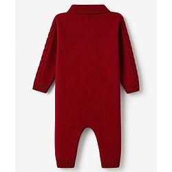 Babyhug Knit Full Sleeves Hooded Winter Wear Romper With Cable Knit Design & Cap -Red