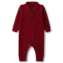 Babyhug Knit Full Sleeves Hooded Winter Wear Romper With Cable Knit Design & Cap -Red