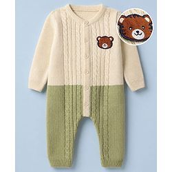 Babyhug Knit Full Sleeves Winter Wear Romper with Full Length and Bear Patch - White