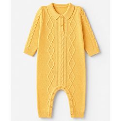 Babyhug Knit Full Sleeves Winter Wear Romper With Cap - Yellow