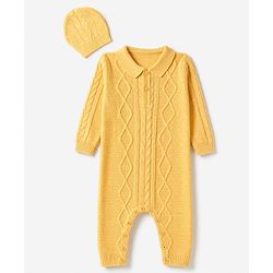 Babyhug Knit Full Sleeves Winter Wear Romper With Cap - Yellow