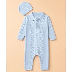 Babyhug Knit Full Sleeves Winter Wear Romper With Cap - Light Blue