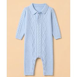 Babyhug Knit Full Sleeves Winter Wear Romper With Cap - Light Blue