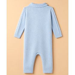 Babyhug Knit Full Sleeves Winter Wear Romper With Cap - Light Blue