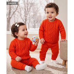 Babyhug Knit Full Sleeves Sweater Set With Cable Knit Design - Orange