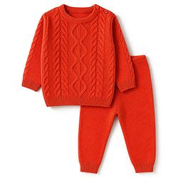 Babyhug Knit Full Sleeves Sweater Set With Cable Knit Design - Orange