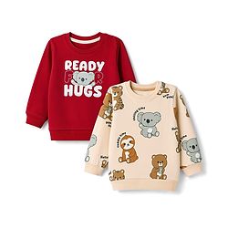 Babyhug Heavy Gauge 100% Cotton Terry Knit Full Sleeves Sweatshirts With Koala and Text Print Pack of 2 - Red & Beige