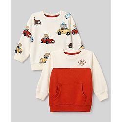 Babyhug 100% Cotton Terry Knit Full Sleeves Sweatshirts with Vehicle and Animal Print Pack of 2 - Beige & Red