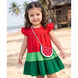 Babyhug 100% Cotton Woven Flared Frock with Half Sleeves and Watermelon Print - Red
