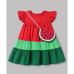 Babyhug 100% Cotton Woven Flared Frock with Half Sleeves and Watermelon Print - Red