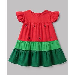 Babyhug 100% Cotton Woven Flared Frock with Half Sleeves and Watermelon Print - Red
