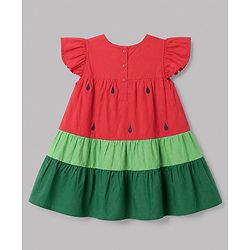 Babyhug 100% Cotton Woven Flared Frock with Half Sleeves and Watermelon Print - Red