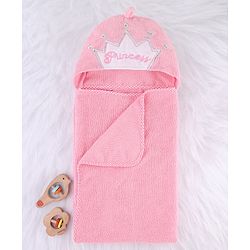 Babyhug Microfiber Cotton Knit Towel With Hood & Embroidery L 74 x B 73 cm - Pink