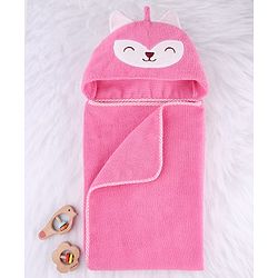 Babyhug Microfiber Cotton Knit Towel With Hood & Embroidery L 74 x B 73 cm - Pink