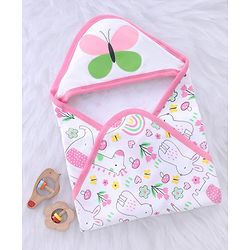 Babyhug 100% Cotton Microfiber Knit Hooded Towel With Butterfly Embroidery L 78 x B 76 cm - Pink