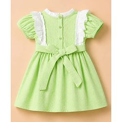 Babyhug Seer-sucker Woven Frock With Half Puffed Sleeves and Frill in Green