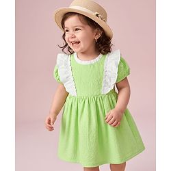 Babyhug Seer-sucker Woven Frock With Half Puffed Sleeves and Frill in Green