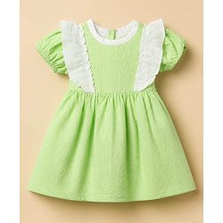 Babyhug Seer-sucker Woven Frock With Half Puffed Sleeves and Frill in Green