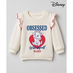 Babyhug Disney 100% Cotton Terry Knit Sweatshirt with Full Sleeves and Frill Detailing with Marie Print - Off White