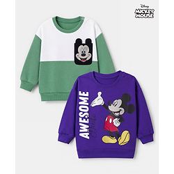 Babyhug Disney 100% Cotton Knit Full Sleeves Drop Shoulder Sweatshirts with Mickey Mouse Print in Blue & Green Pack of 2