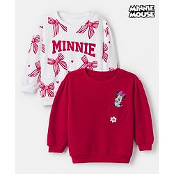 Babyhug Disney 100% Cotton Terry Knit Drop Shoulder Full Sleeves Sweatshirts with Minnie Mouse Print Pack of 2 - Red & White