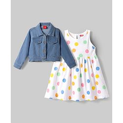 Babyhug Single Jersey Knit Frock with Full Sleeves  Denim Jacket & Polka Dots Print - White
