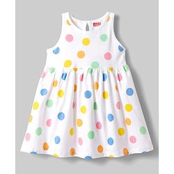 Babyhug Single Jersey Knit Frock with Full Sleeves  Denim Jacket & Polka Dots Print - White