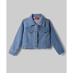 Babyhug Single Jersey Knit Frock with Full Sleeves  Denim Jacket & Polka Dots Print - White