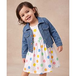 Babyhug Single Jersey Knit Frock with Full Sleeves  Denim Jacket & Polka Dots Print - White