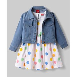 Babyhug Single Jersey Knit Frock with Full Sleeves  Denim Jacket & Polka Dots Print - White