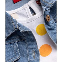 Babyhug Single Jersey Knit Frock with Full Sleeves  Denim Jacket & Polka Dots Print - White