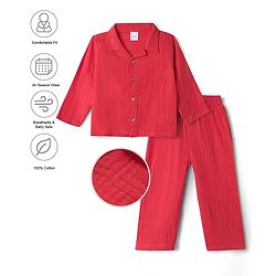 Babyhug Natural Crinkle 100% Cotton Woven Full Sleeves Co-Ords Shirt & Pyjama Night Suit - Red