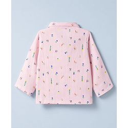 Babyhug Natural Crinkle 100% Cotton Woven Full Sleeves Co-Ords Shirt & Pyjama Night Suit with Floral Print - Pink