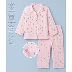 Babyhug Natural Crinkle 100% Cotton Woven Full Sleeves Co-Ords Shirt & Pyjama Night Suit with Floral Print - Pink