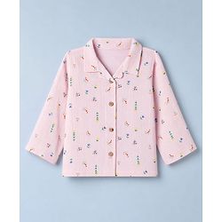 Babyhug Natural Crinkle 100% Cotton Woven Full Sleeves Co-Ords Shirt & Pyjama Night Suit with Floral Print - Pink