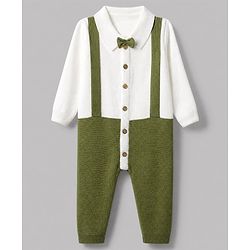 Babyhug Knit Full Sleeves Winter Wear Romper With Bow Applique - Olive Green