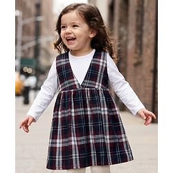 Babyhug Twill Woven Fit & Flare Full Sleeves Frock and Tee with Checks - Brown