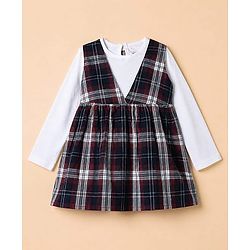 Babyhug Twill Woven Fit & Flare Full Sleeves Frock and Tee with Checks - Brown