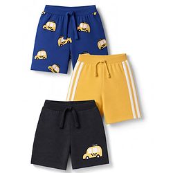 Babyhug 100% Cotton Jersey Knit Mid Thigh Vehicles Printed Shorts Pack Of 3 - Blue Yellow & Black
