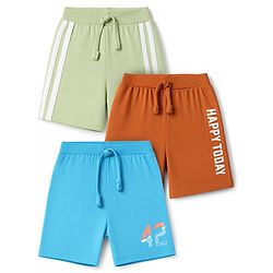 Babyhug 100% Cotton Jersey Knit Mid Thigh Happy Today Printed Shorts With Tape Detailing Pack Of 3 - Light Green Rust Orange & Blue
